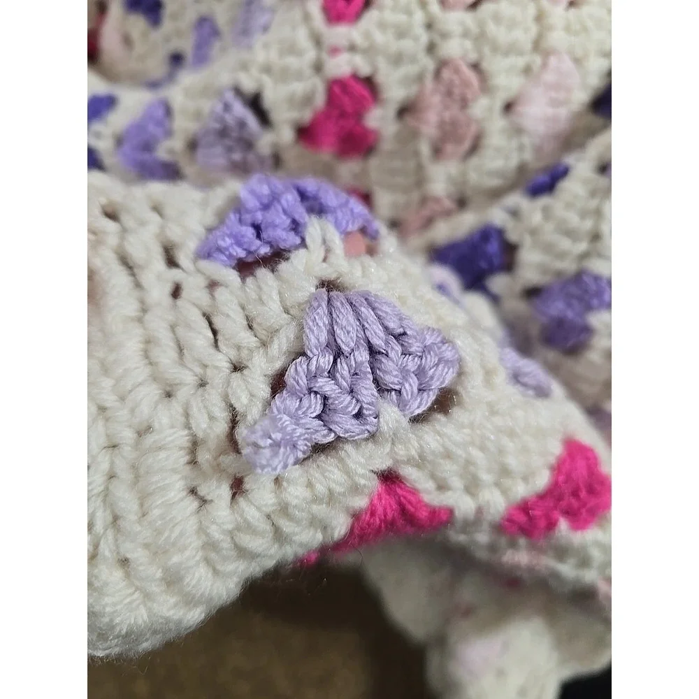 Handmade Afghan Crochet Multicolor Hearts Throw Grannycore Valentine's Day